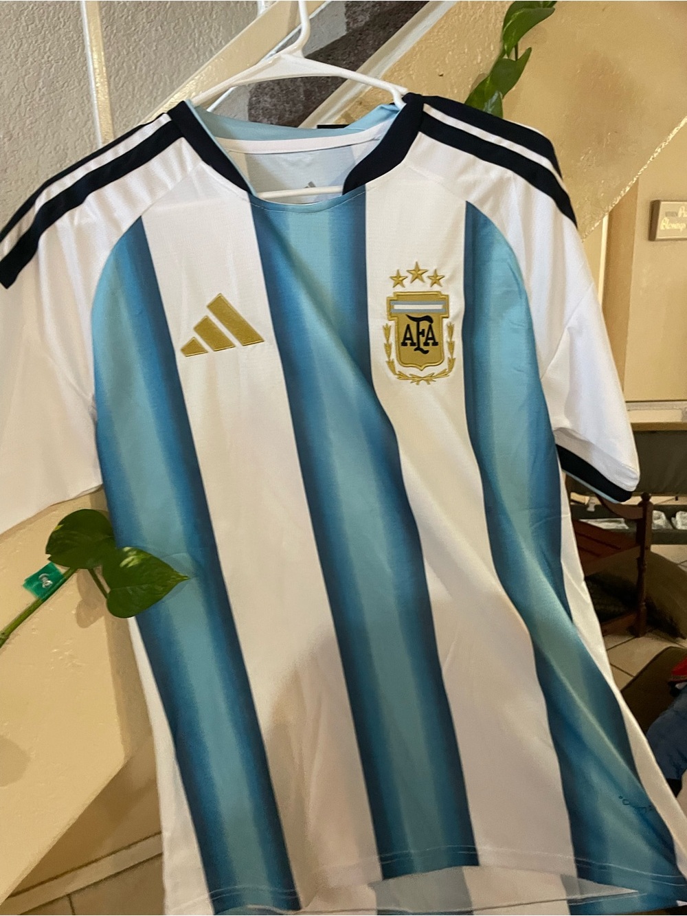 adidas White & Light Blue Striped Soccer Jersey with Gold Crest
